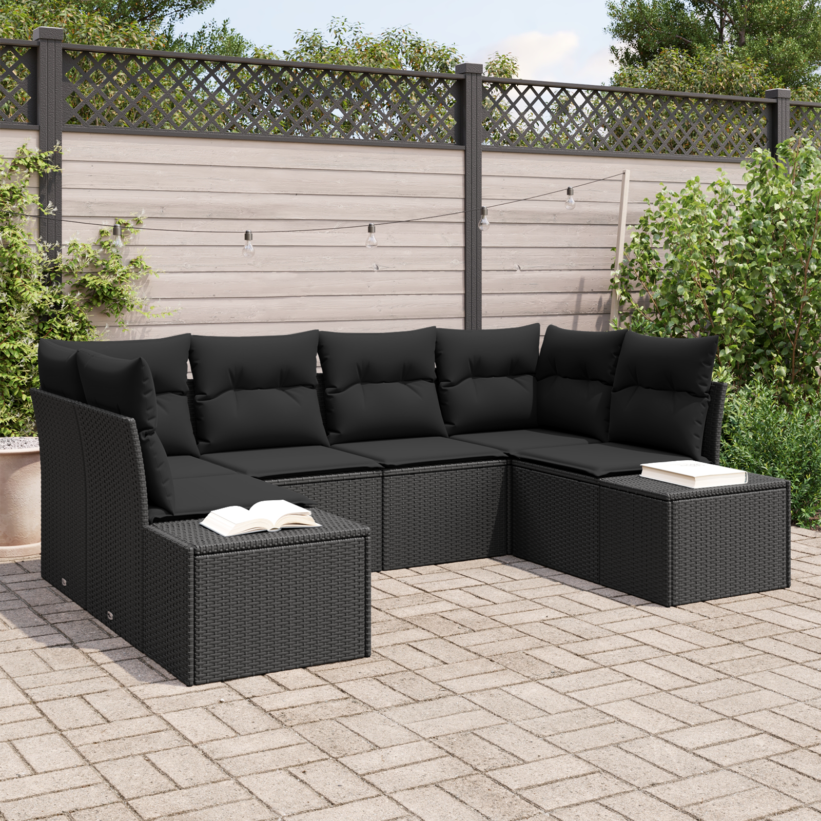 vidaXL Trädgårdsoffset Med Lagring 6 Pcs Svart Poly Rattan Modulsoffa