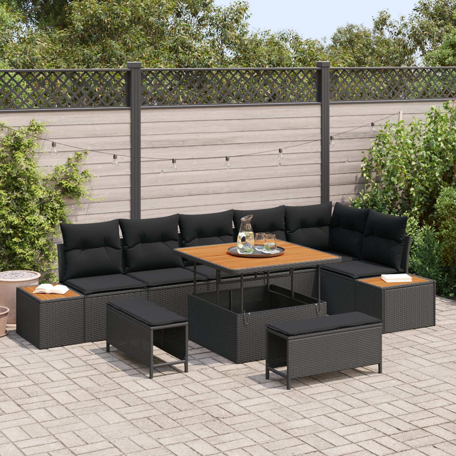 vidaXL Trädgårdsoffset Med Kudde 9 Pcs Svart Poly Rattan Modulsoffa