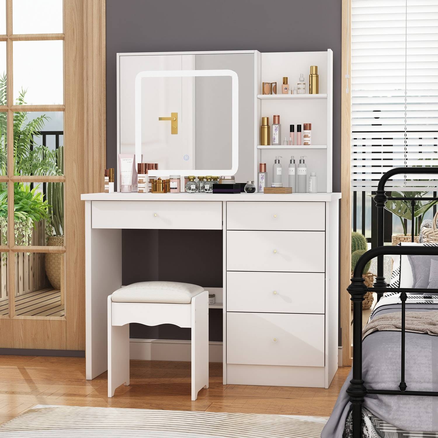 Makeup vanity stool Timechee 39.4Wide Makeup Vanity Set With Stool 3 Color Touching Mirror Dressing Table