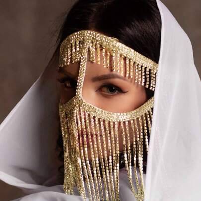 Shein Gold Plated Rhinestone Tassel Decor Ribbon Mask