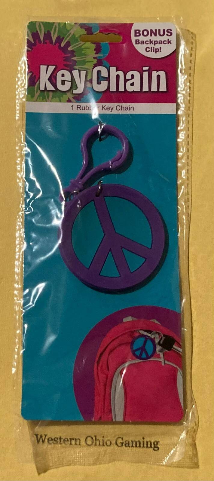 Peace Sign Rubber Key Chain With Bonus Backpack Clip - Purple