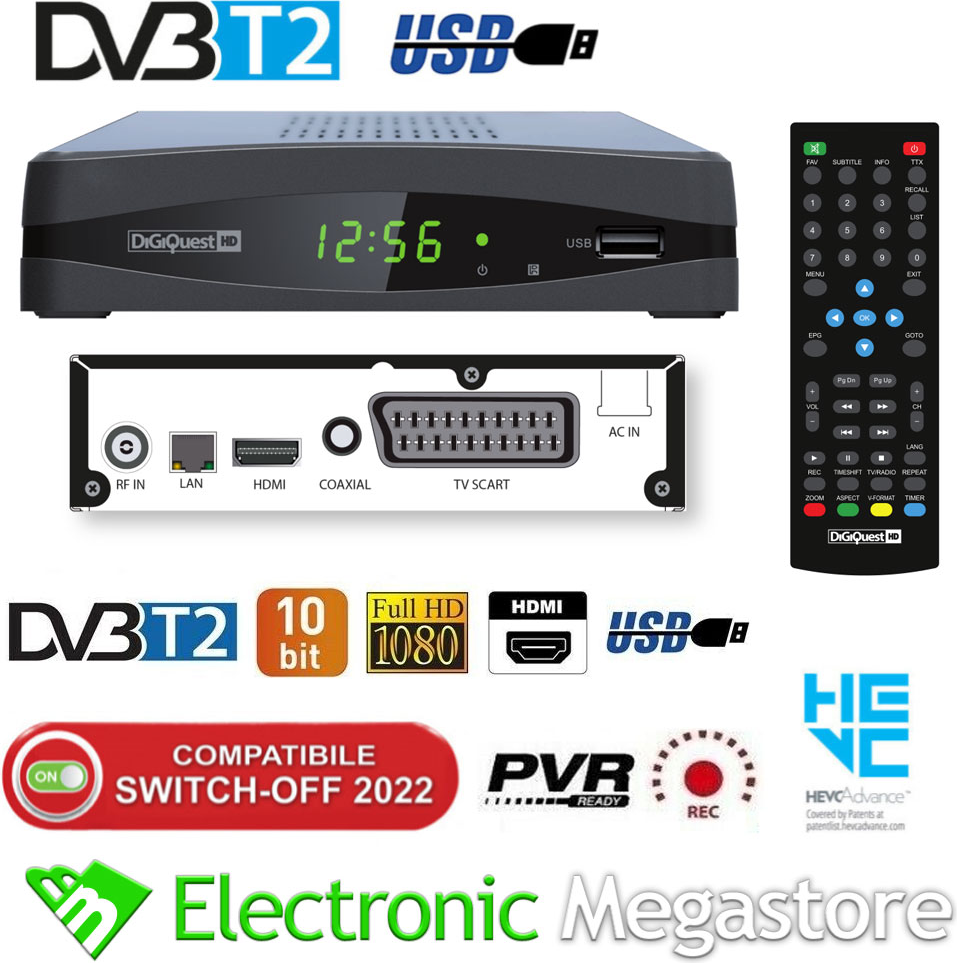 Digiquest Decoder Digitale Terrestre DVB-T2 H265 Hevc Ricevitore Smart Full HD