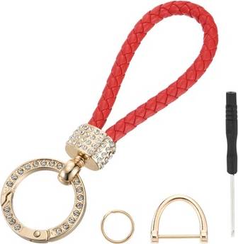 Uxcell Weave Braided Rope Leather Keychain Red Gold