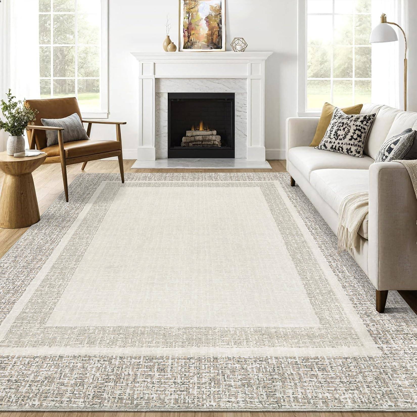Machine washable area rugs Garvee Bordered Beige 5x7 Machine Washable Area Rug
