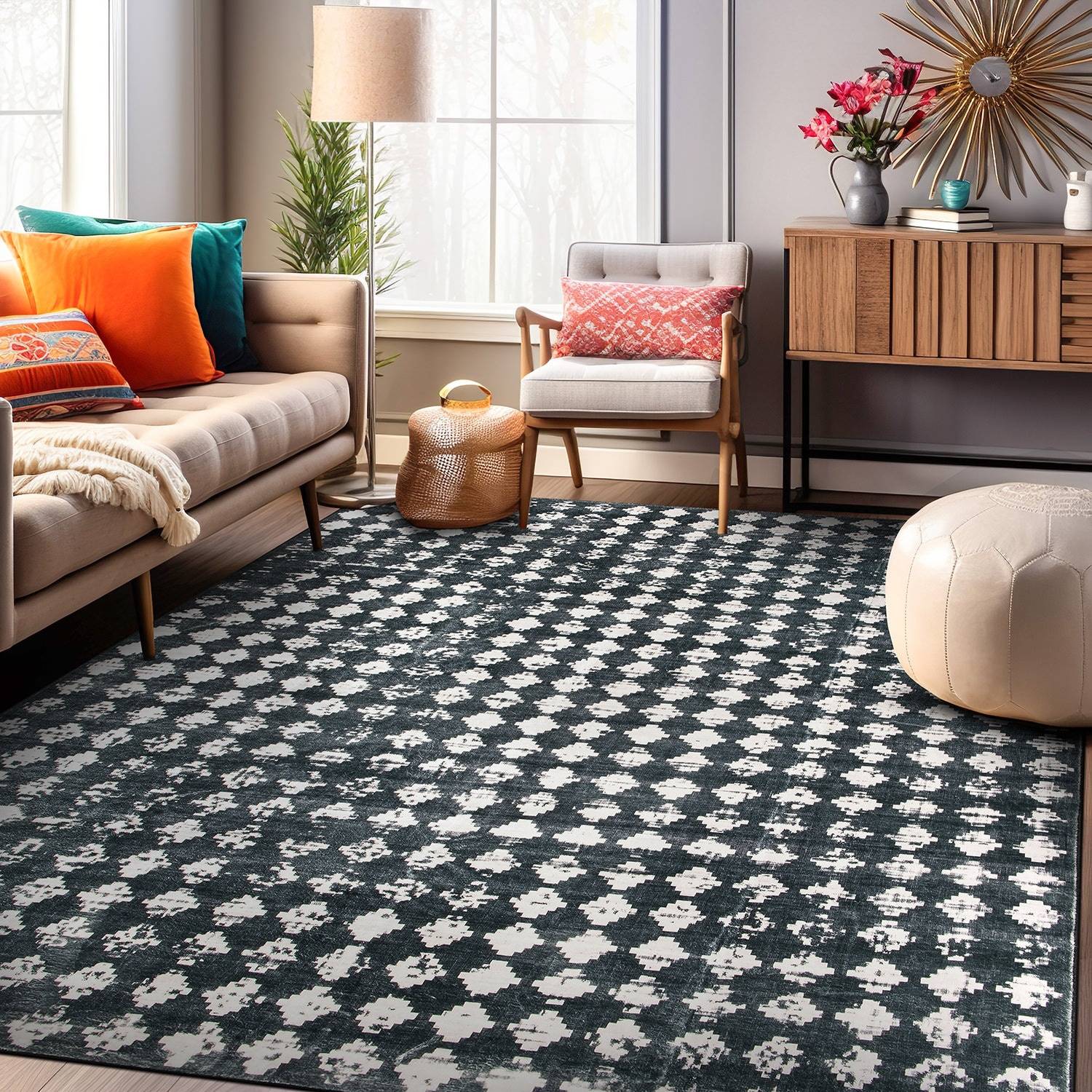 World Rug Gallery Geometric Distressed Abstract Black 60x90"