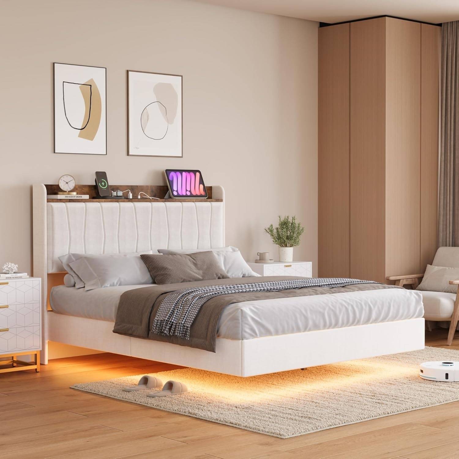 Bed with led lights Floating Upholstered with LED Lights Frame Bed