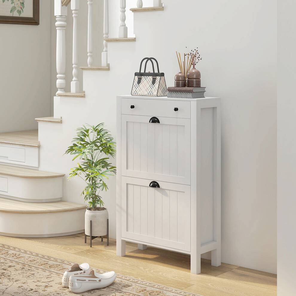 Homcom Narrow Shoe Rack with 2 Flip Drawers and Top Drawer - White Shoe Rack