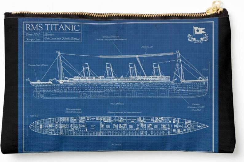 WHIBOS Makeup Bag RMS Titanic Blueprint Cosmetic Organizer