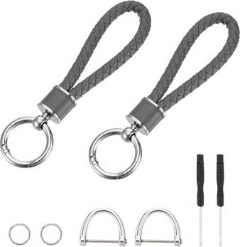 Uxcell Weave Key Chain Ring Braided Rope Leather - Grey