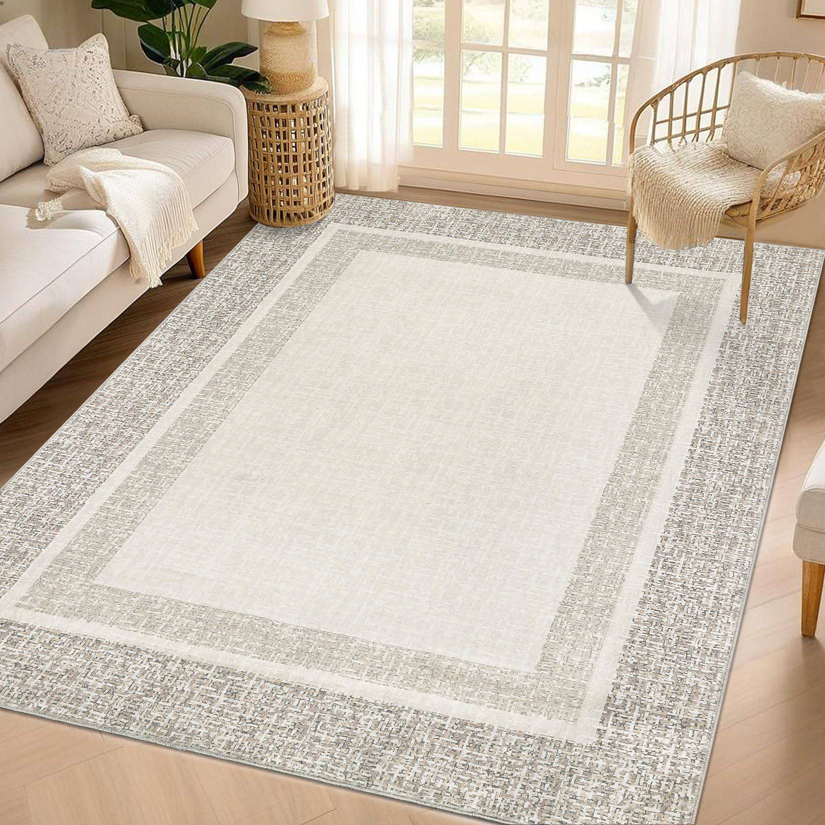8x10 rugs Garvee Bordered Beige 8x10 Machine Washable Area Rug Beige
