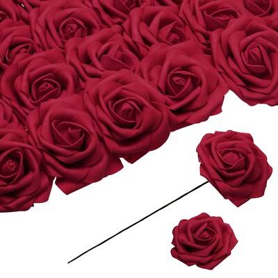 25pcs Foam Roses Flower Fake Roses With Stems Wine