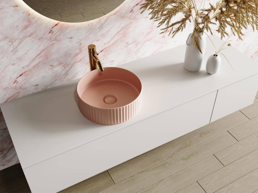 Round Ribbed Ceramic Washbasin Matte Pink 36 Cm