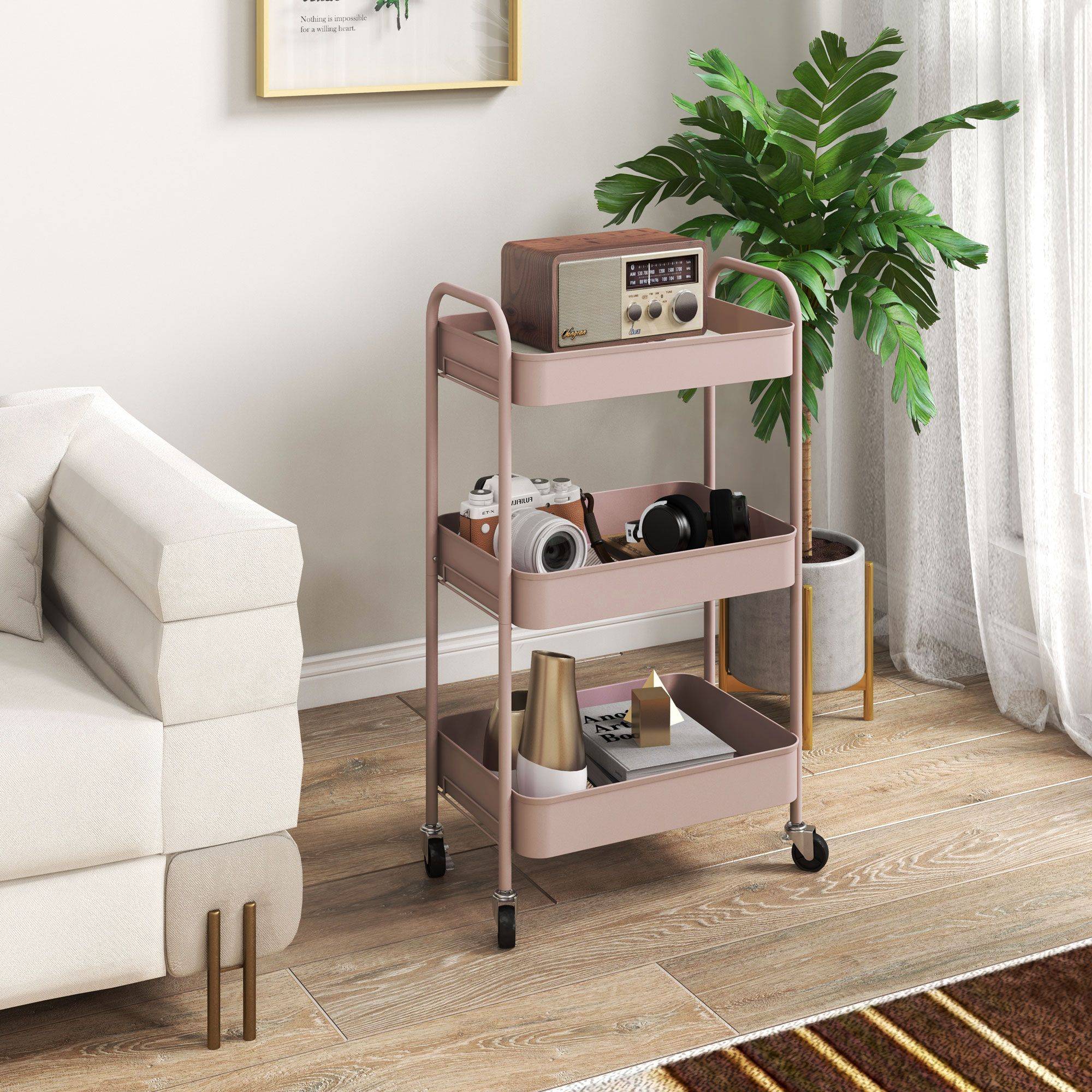 Homcom Three-Tier Steel Storage Pink Trolley Table