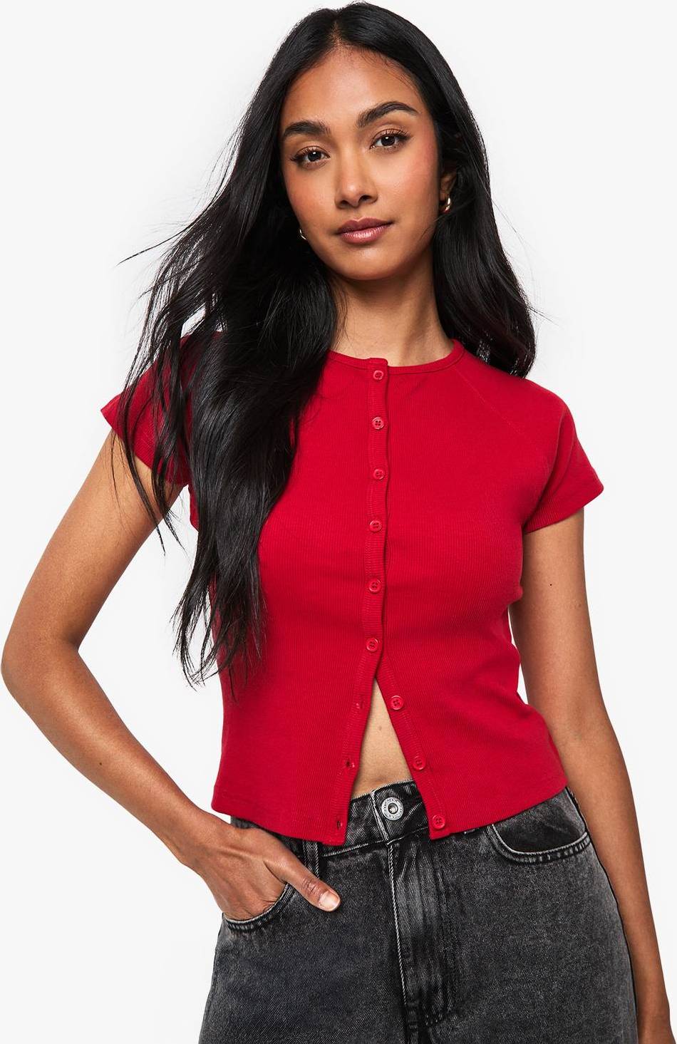 boohoo Rib Button Through Cap Sleeve Top - Red