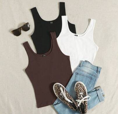 Shein Multicolor Knitted Solid Color Tight Tank Tops