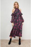 Oasis Cold Shoulder Ruffle Halterneck Midi Dress - Multi