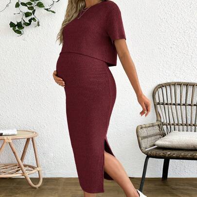 Shein 2pcs Maternity Solid Ribbed Drop Shoulder Top