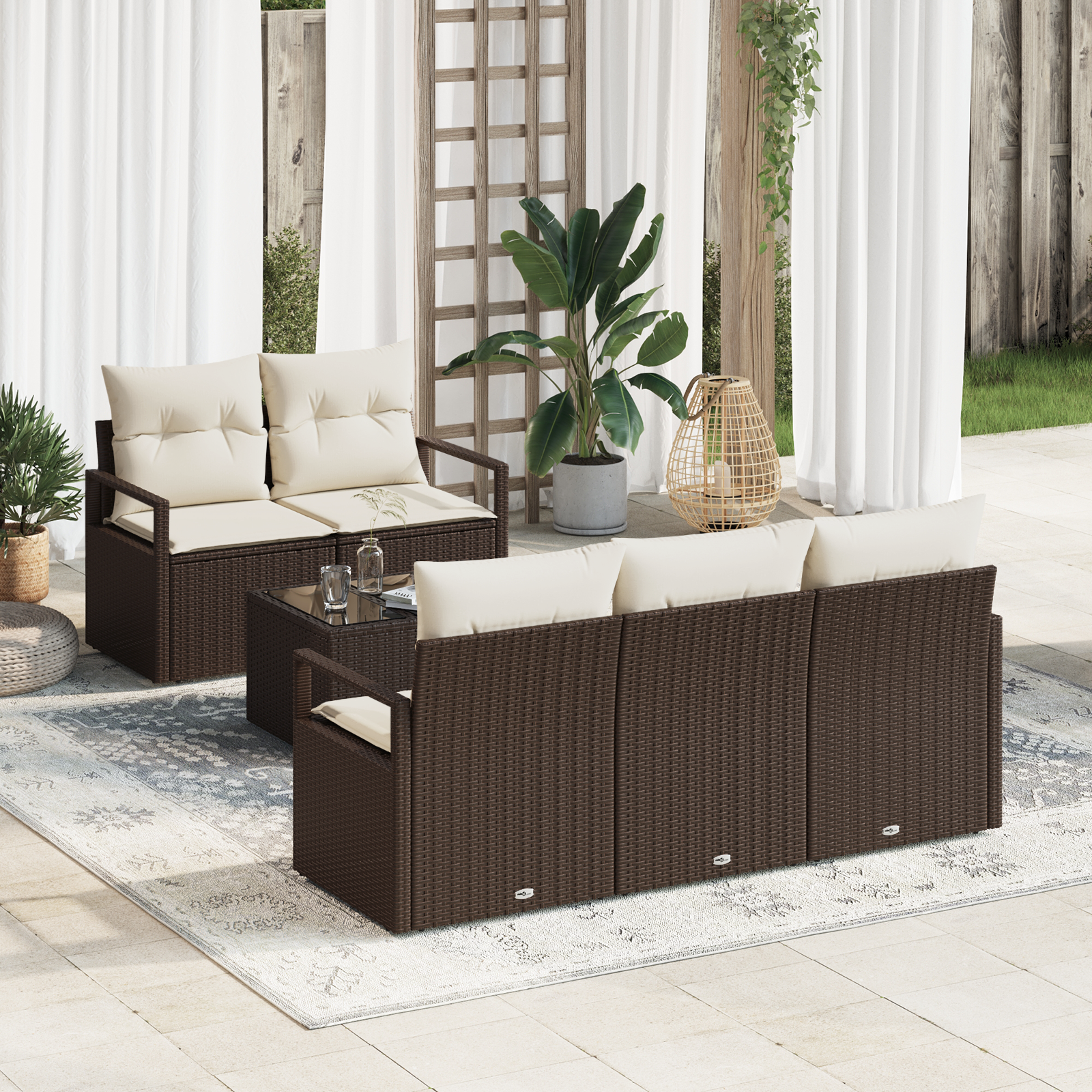 vidaXL 6-Delars Trädgårdsoff Set Med Kuddar I Brun Poly-Rattan Loungeset
