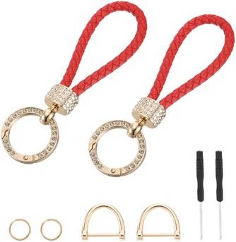 Uxcell Weave Braided Rope Leather Keychain Ring - Red/Gold