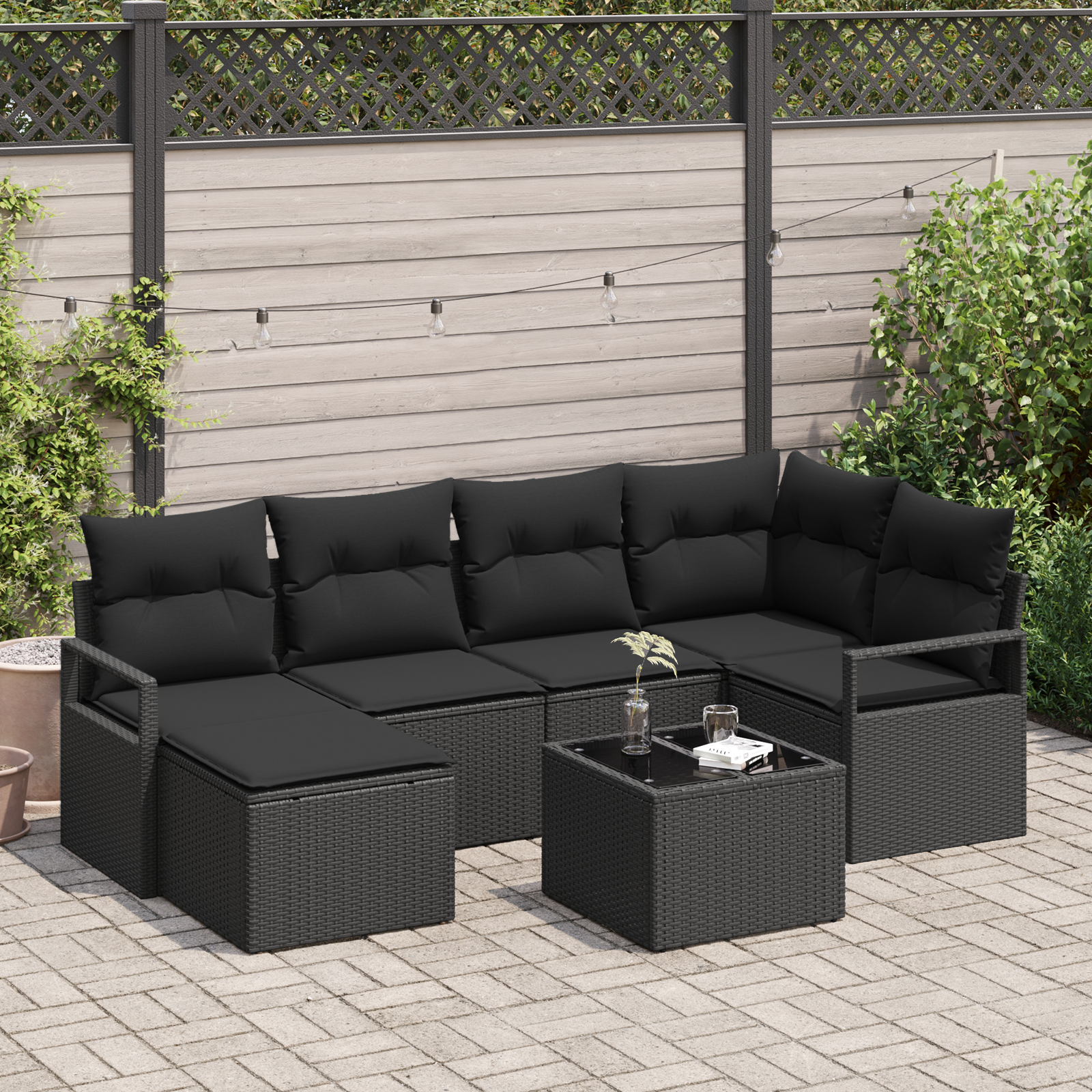 vidaXL 7 Delars Trädgårdsoffgrupp Med Kuddar Beige Poly Rattan Modulsoffa