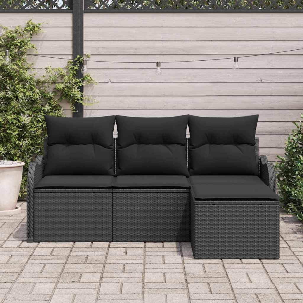 vidaXL Trädgårdsoffset Med Kudde 4 Pcs Svart Poly Rattan Modulsoffa