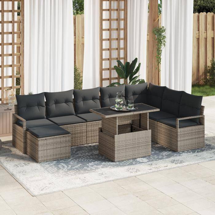 vidaXL Trädgårdsoffset Med Lagring 9 Pcs Grå Poly Rattan Modulsoffa