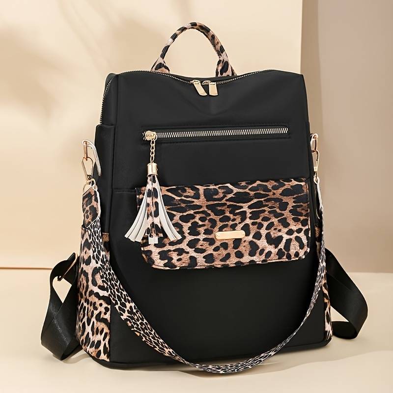 Temu Retro Leopard Print Design Backpack - Zippered