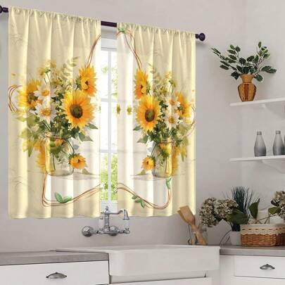 Kitchen window curtains Shein 2pcs Multi-Color Sunflower Kitchen Curtains Set
