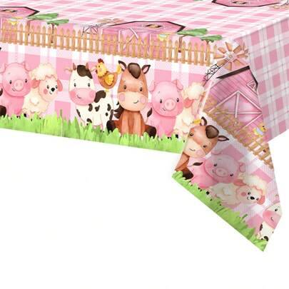 Shein Pink Farm Animals Rectangular Tablecloth