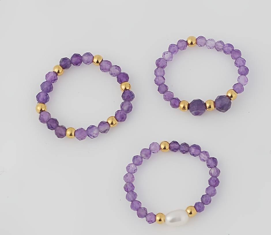 Temu Amethyst Beaded Stretch Rings Set Natural Stone - All Suitable