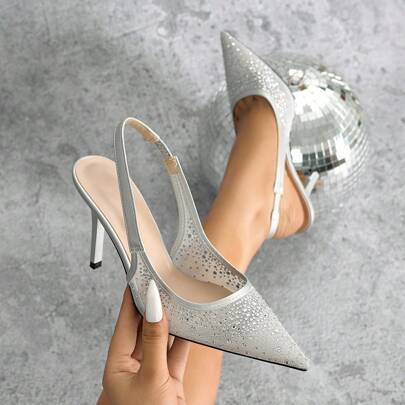 Shein Spring Summer New Pointed Toe Rhinestone Mesh Sandals