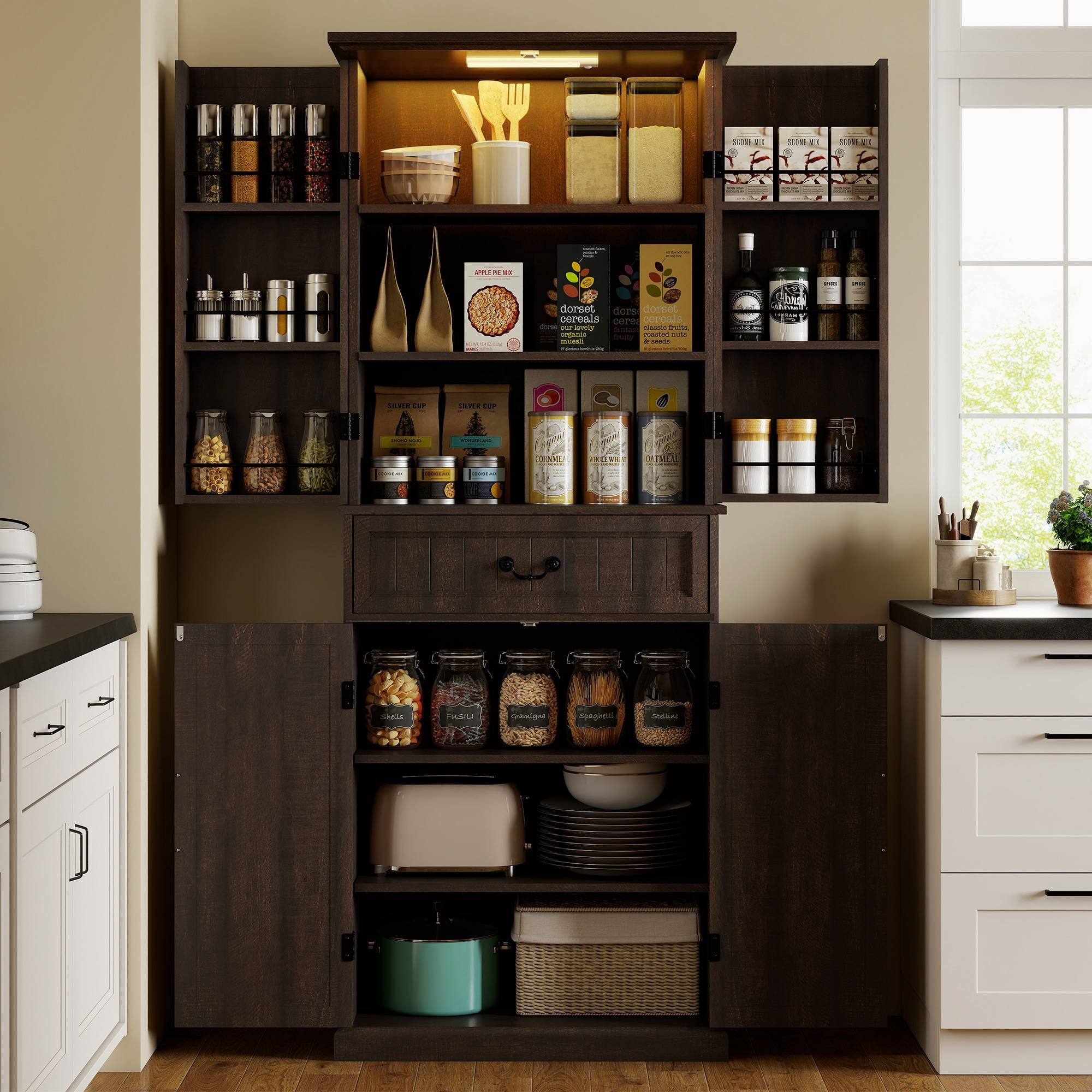 Pantry cupboard for kitchen Homcom 71 Inch LED Kitchen Pantry With Door Shelves Storage Cabinet