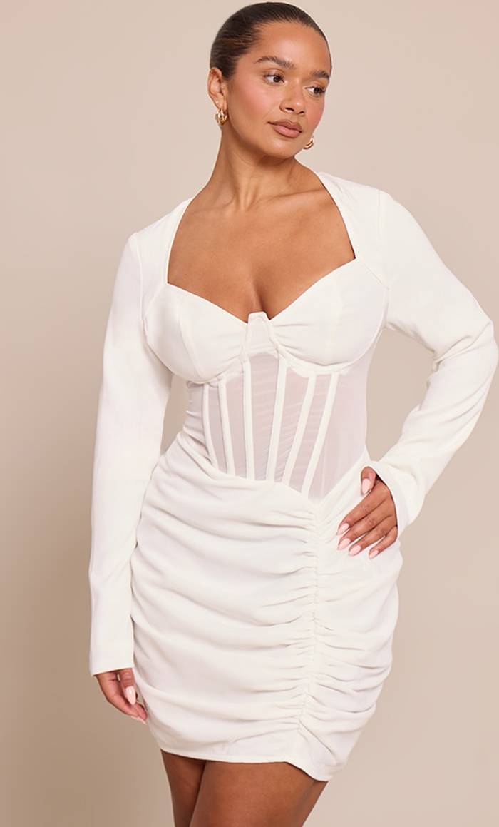 PrettyLittleThing Corseted Ruched Mesh Insert Mini Dress - White