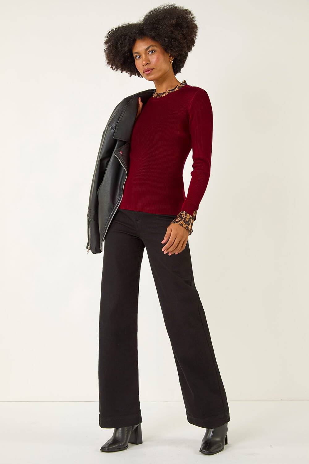 Leopard Ruffle Trim Jumper - Red