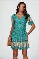 FS Collection Print Boho Mini Dress - Green