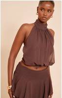 PrettyLittleThing Chiffon Ruched High Neck Top - Chocolate