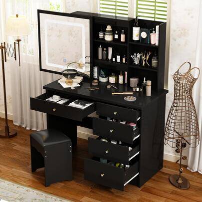 Large makeup vanity Shein Large Vanity Desk Set Sliding Lighted Mirror Dressing Table