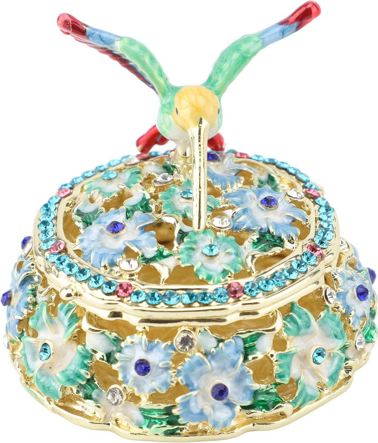 Neoglint Round Hummingbird Pattern Enameled Jewelry Box - Blue