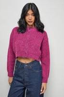 Warehouse Zip Up Rib Crew Cardigan - Pink