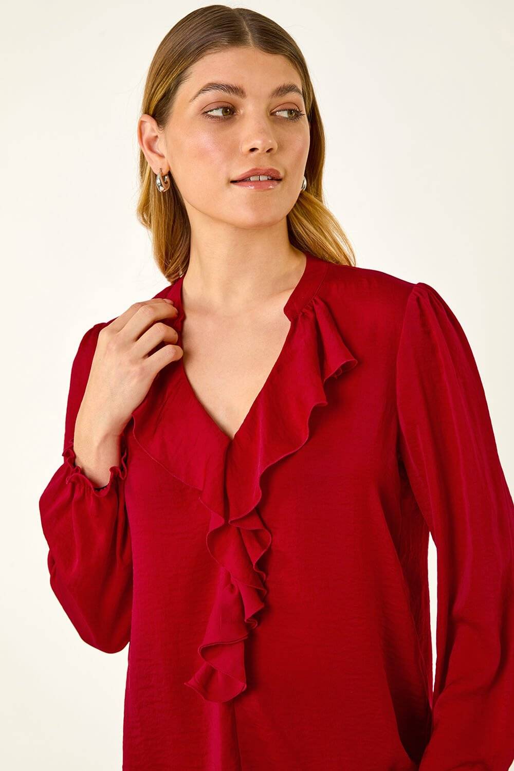 Roman Satin Ruffle Neck Blouse - Red