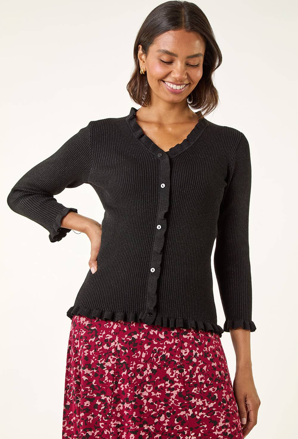 Roman V-Neck Ruffle Knit - Black