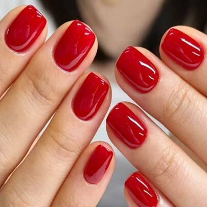 Shein Red Short Square Solid-Color Patterned False Nails - Gel Nail File Press
