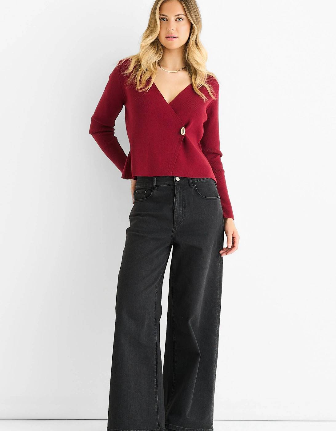 Button Wrap Compact Knit Cardigan - Red