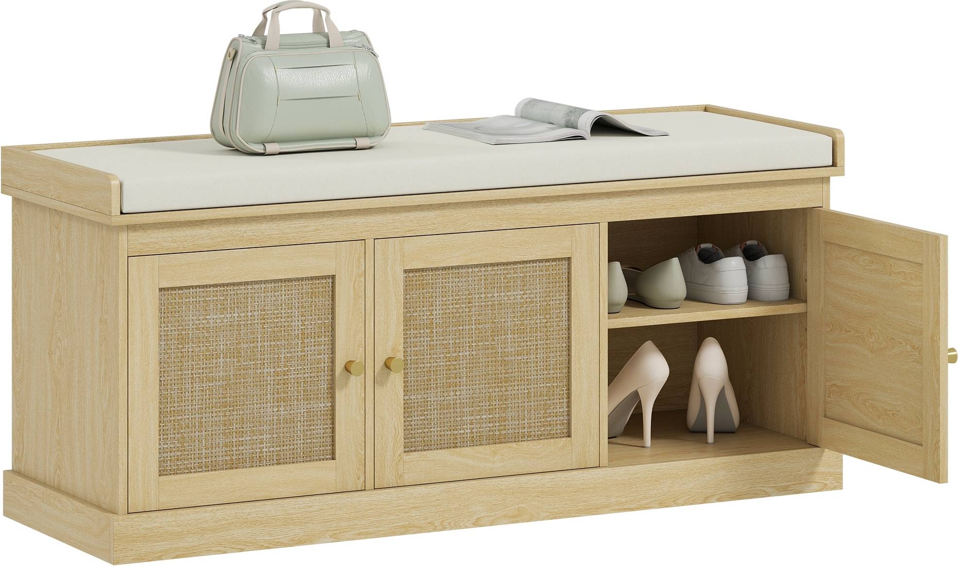 Shoe bench with cushion Homcom Shoe With Woven Rattan Doors Storage Bench