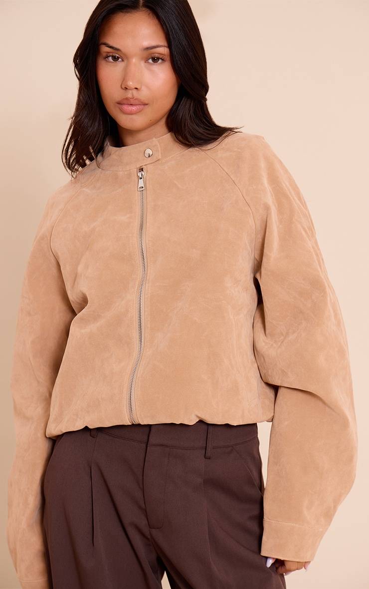 PrettyLittleThing Faux Suede Racer Neck Jacket - Sand