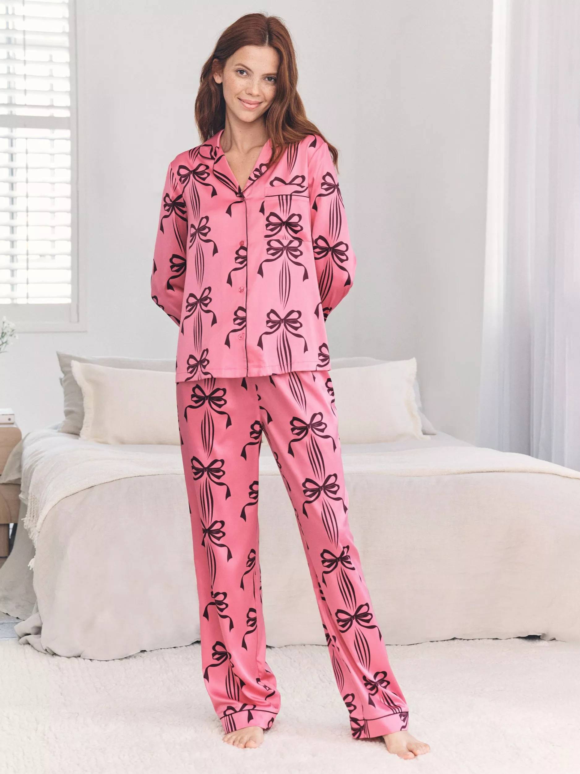 Pink Satin Bow Print Long Pyjamas Set