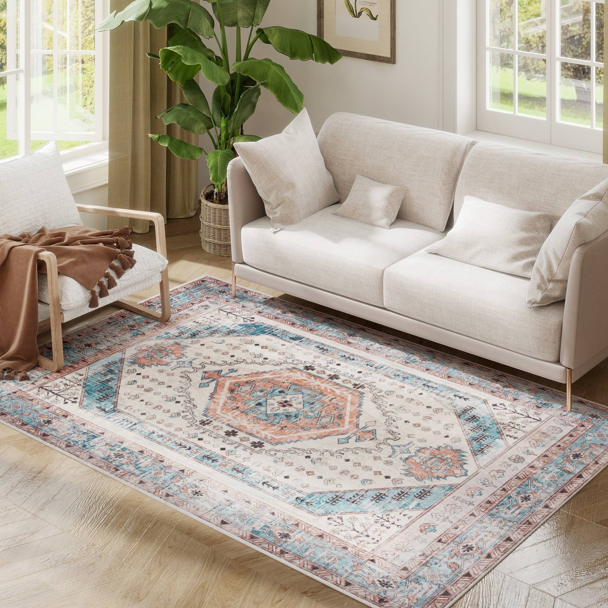 Homcom 4x6 Vintage Non-Slip Area Rug Blue