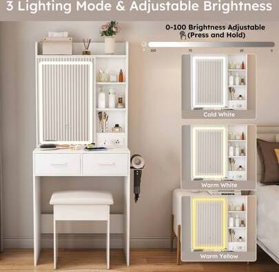 Vanity set with lights Shein Compact Makeup Vanity Set With Adjustable LED Lights Dressing Table