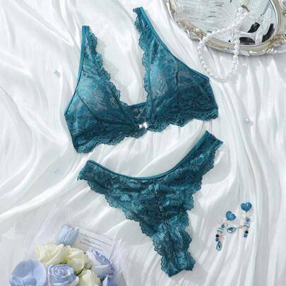 Sexy lingerie Shein Solid Color Lace Shell Edge Sexy Lingerie Set