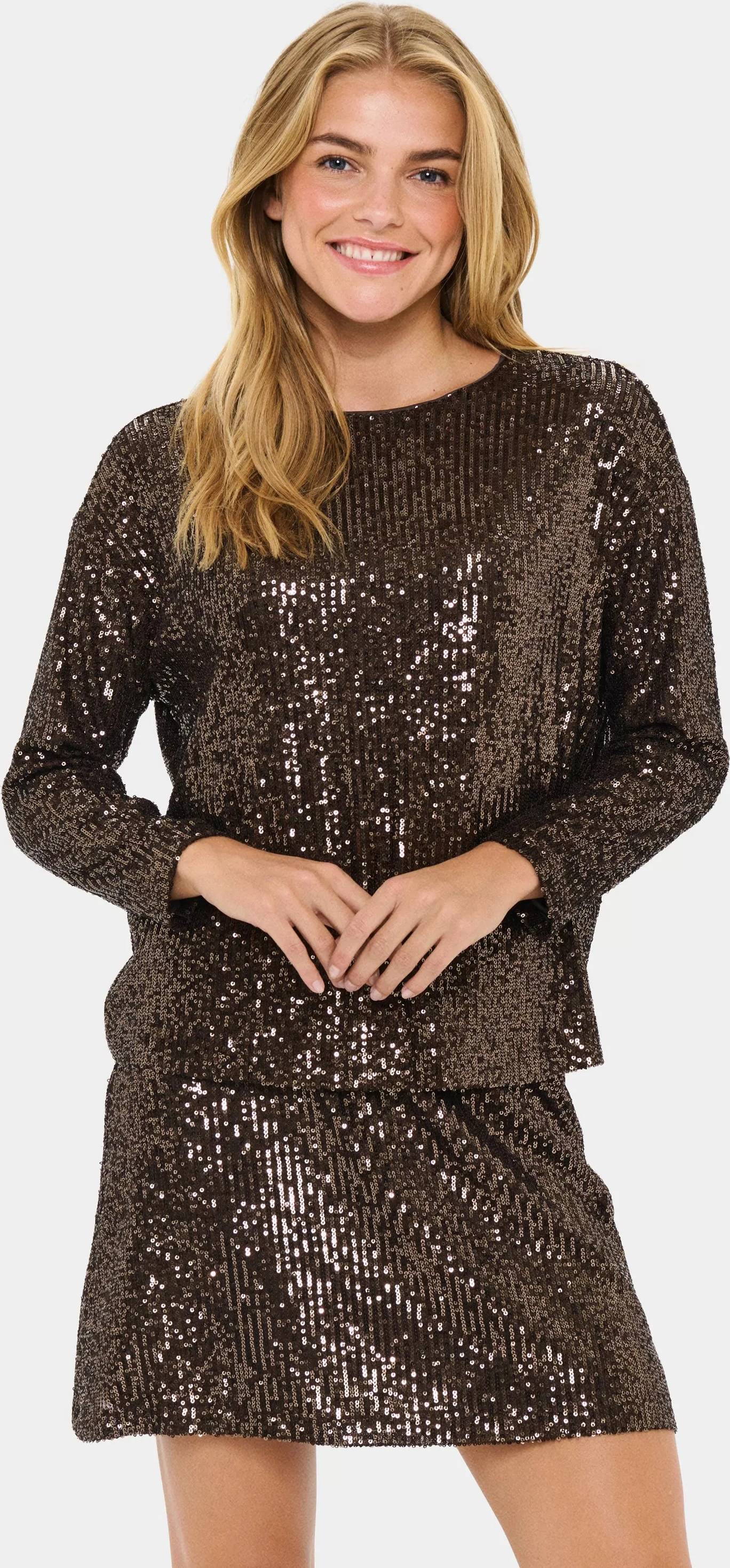 Saint Tropez Reyanasz R-Neck Blouse Bluser Pailletbluse - Brun